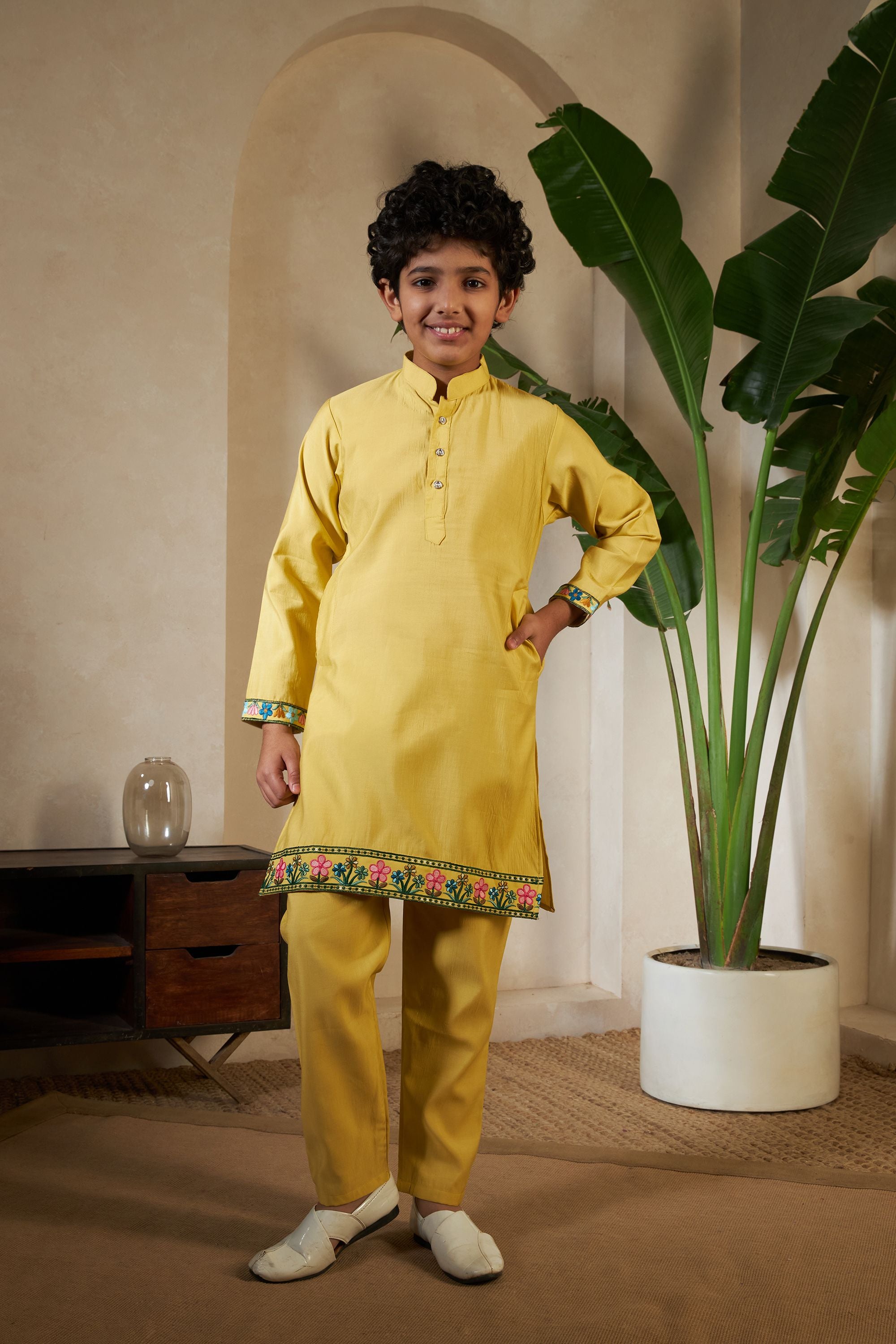 Yellow Pure Viscose Silk Silk Kids Boy Kurta Pajama With Koti Jacket