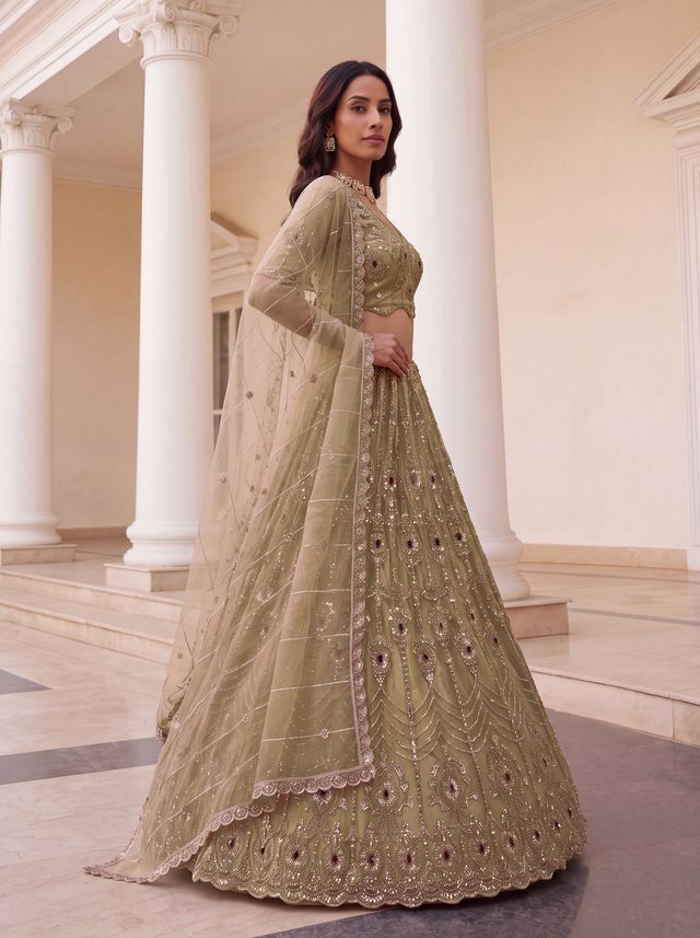 Chicku Pure Fendi Tussaud Silk Crystal Beads work Multi Thread Dori and Sequins Work Sequins Work Bridal Lehenga Choli