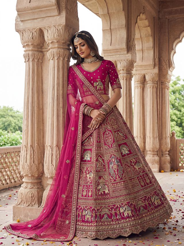 Rani Pink Pure Soft Gadwal Silk Heavy Embroidery Work Bridal Lehenga