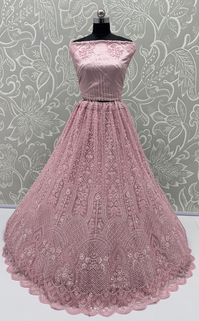 Pink Pure Heavy Net Motif Handwork Zari Sequins Work Bridal Lehenga Choli