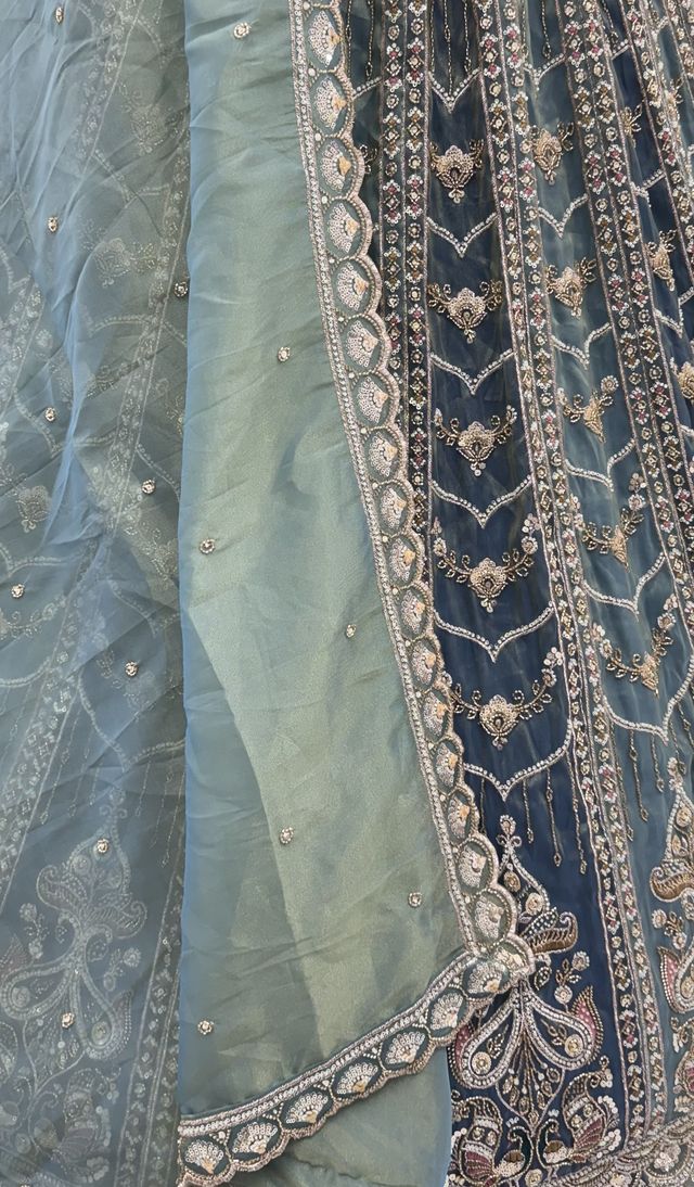 Teal Blue Pure Chandnia Silk Handwork Motif Peacock Pattern Crystal Beads Multi Thread Dori and Sequins Work Bridal Lehenga Choli