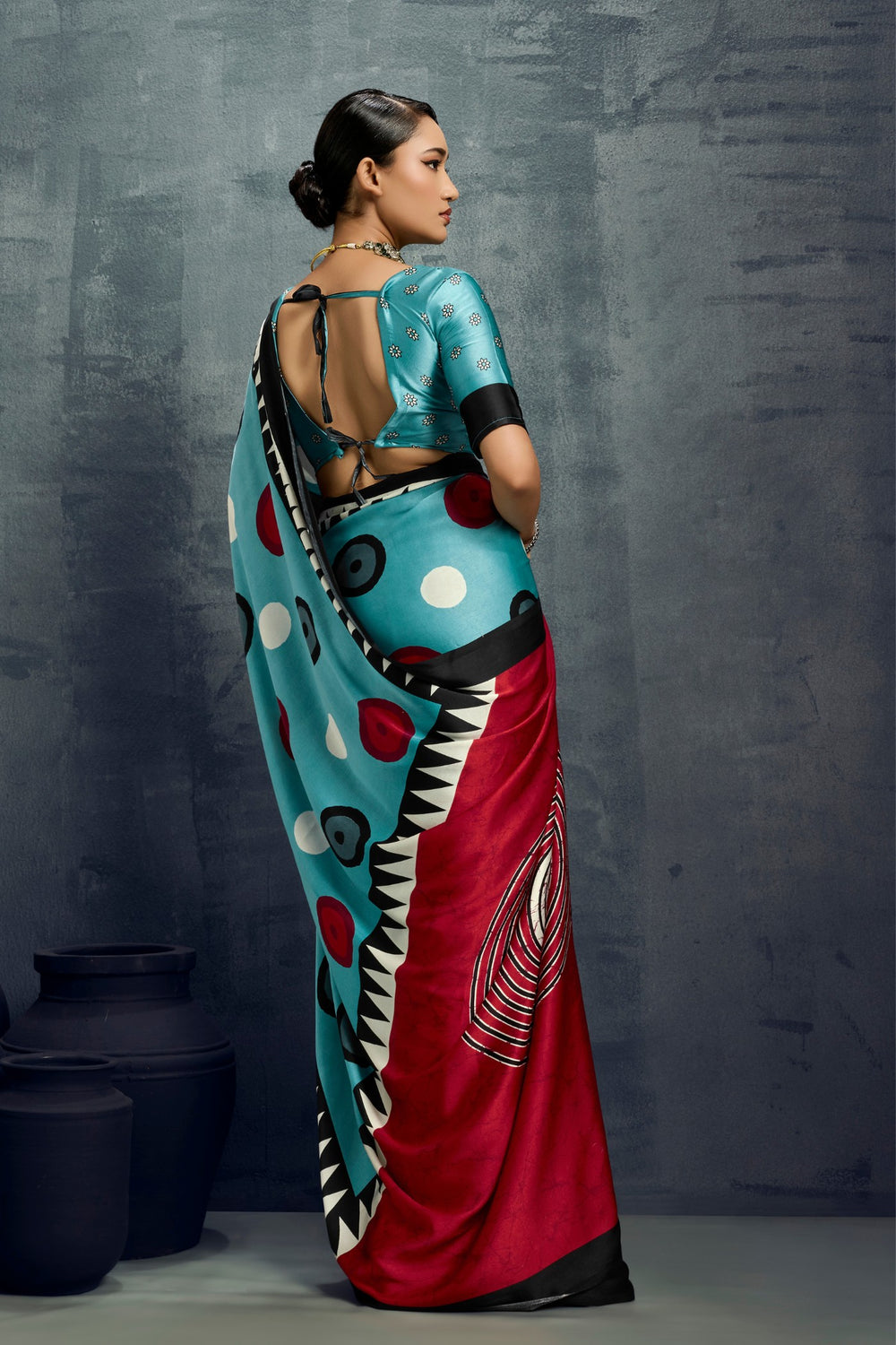 Blue Ajrakh Printed Satin Crepe Silk Saree