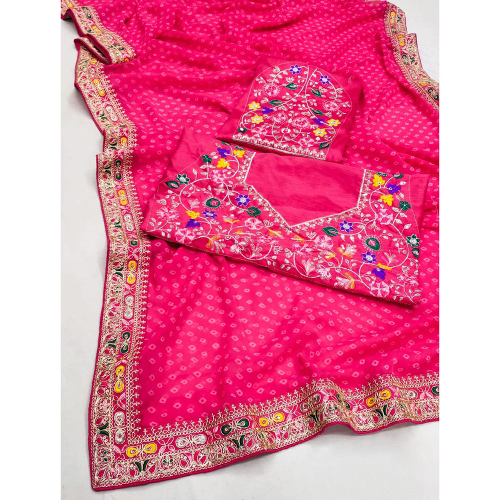 Pink Bandhani Printed Georgette Saree With Embroidered Border