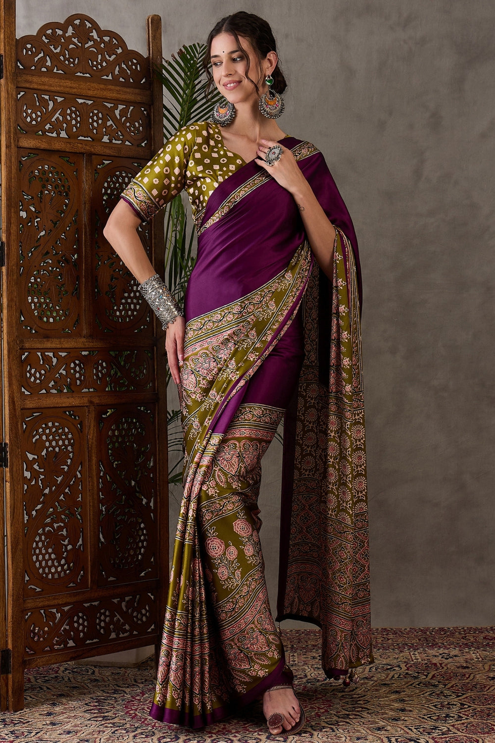 Berry Purple Pure Soft Modal Satin Ajrakh Print Satin Saree Japan Satin Saree Anant Tex Exports Pvt.Ltd..