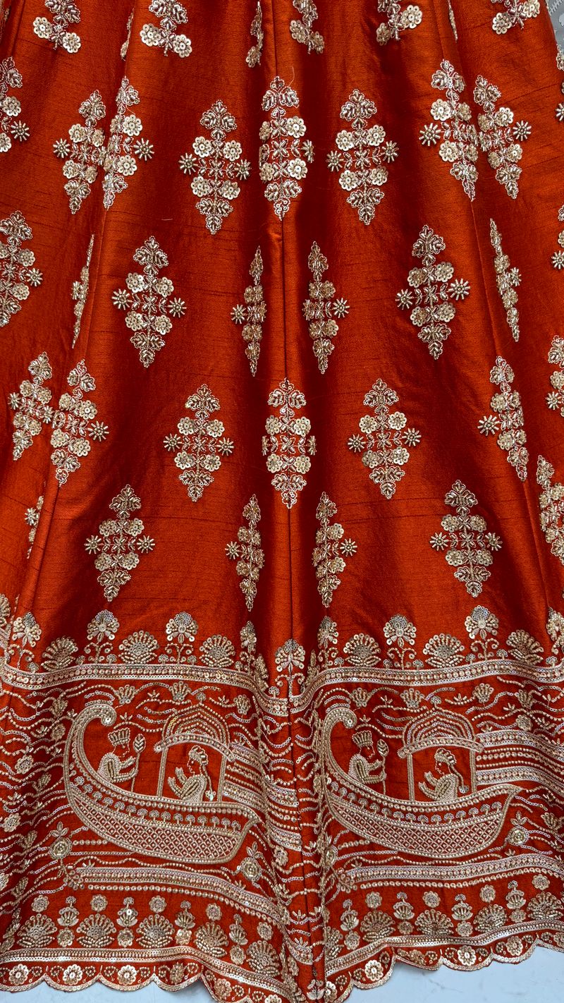 Orange Pure Soft Heavy Silk Sequins Embroidery Work Bridal Lehenga