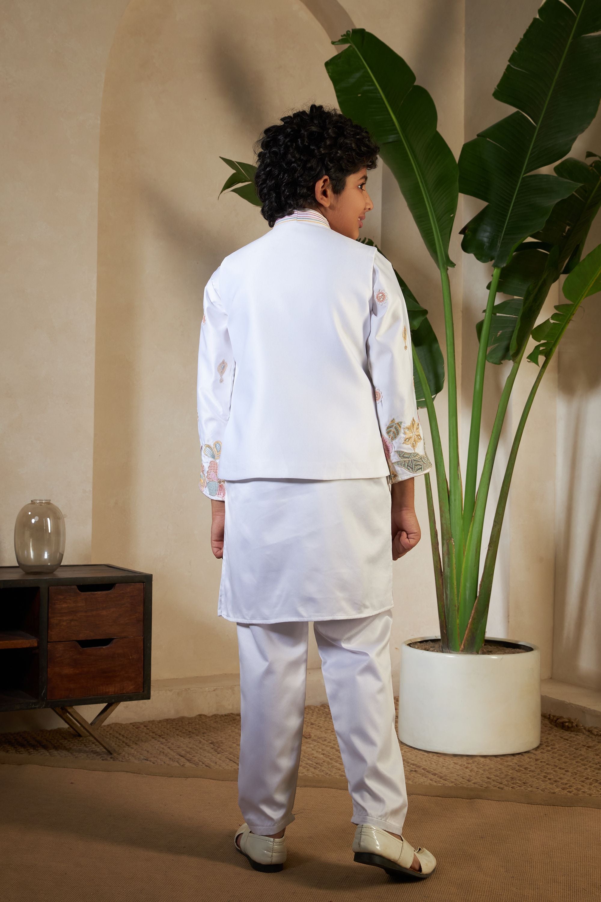 White Pure Satin Silk Kids Boy Kurta Pajama With Koti Jacket