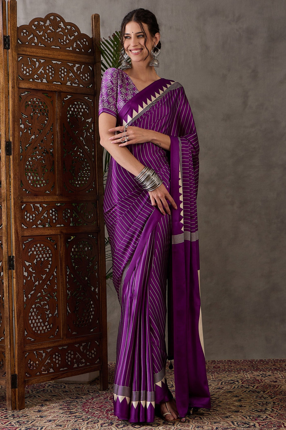 Purple Printed Satin Gaji Silk Saree