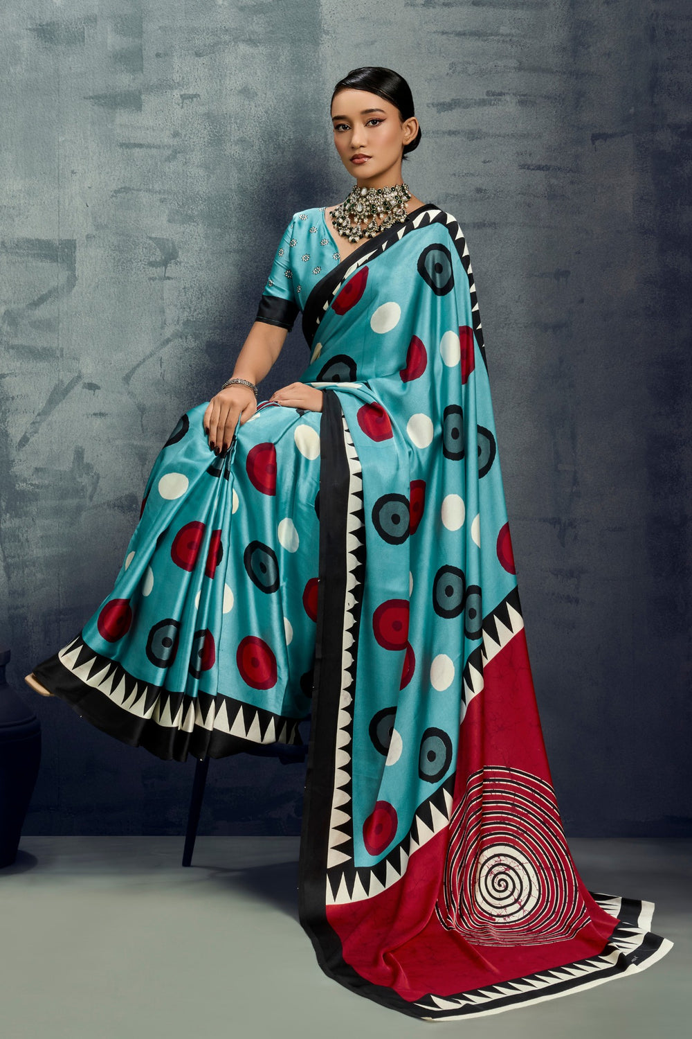 Blue Ajrakh Printed Satin Crepe Silk Saree