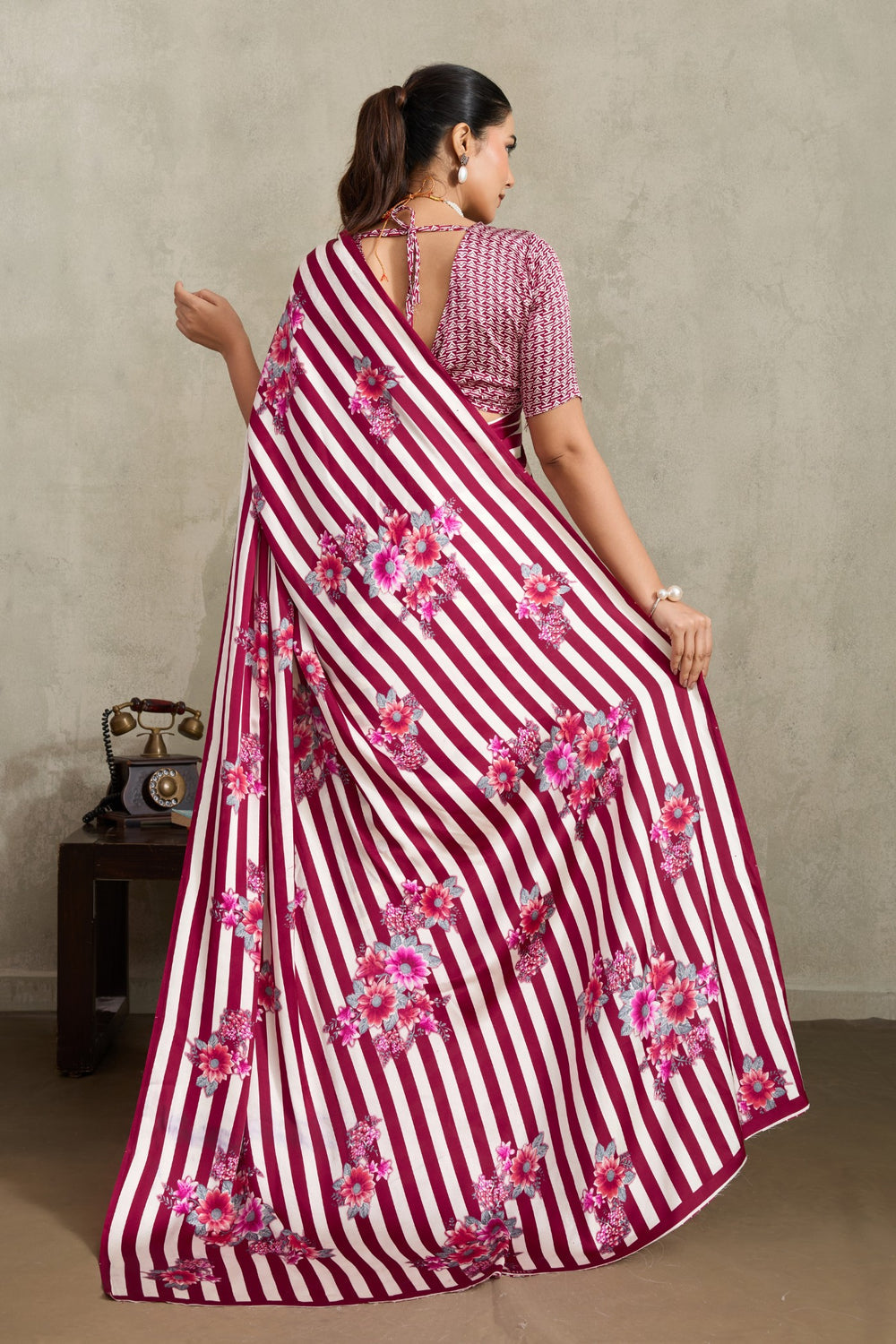 Pink Pure Soft Modal Satin Ajrakh Print Satin Saree Japan Satin Saree Anant Tex Exports Pvt.Ltd..