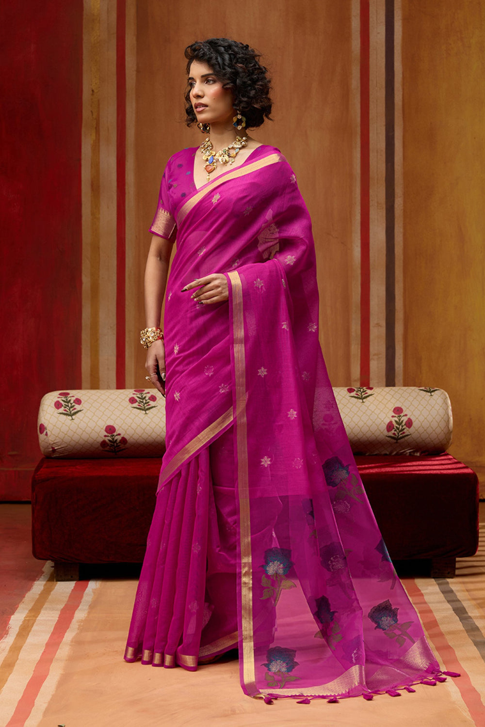 Pink Pure Soft Moonga Cotton Handloom Saree