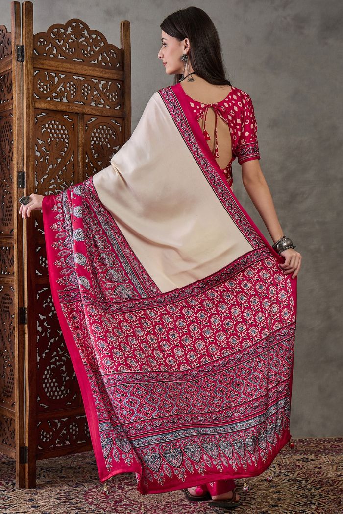 Cream and Red Pure Soft Modal Satin Ajrakh Print Satin Saree Japan Satin Saree Anant Tex Exports Pvt.Ltd..