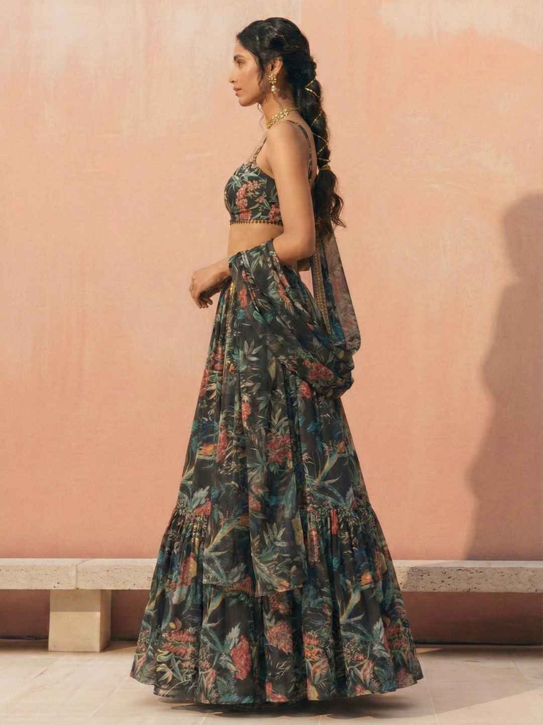 Black Floral Printed Georgette Lehenga Choli Set Crop-top Lehenga Choli Set Anant Tex Exports Pvt.Ltd..
