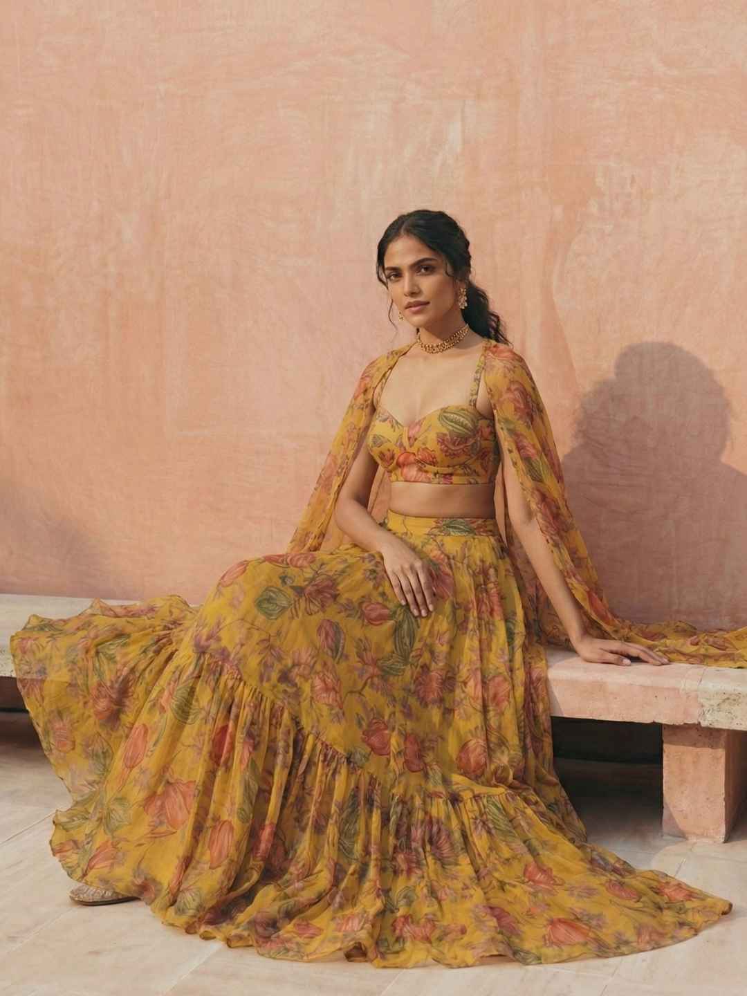 Yellow Floral Georgette Lehenga Choli with Dupatta Crop-top Lehenga Choli Set Anant Tex Exports Pvt.Ltd..