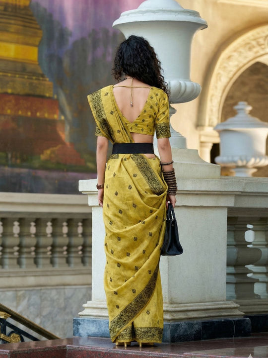 Yellow Tussar Linen Handloom Silk With Weaving Silk Saree