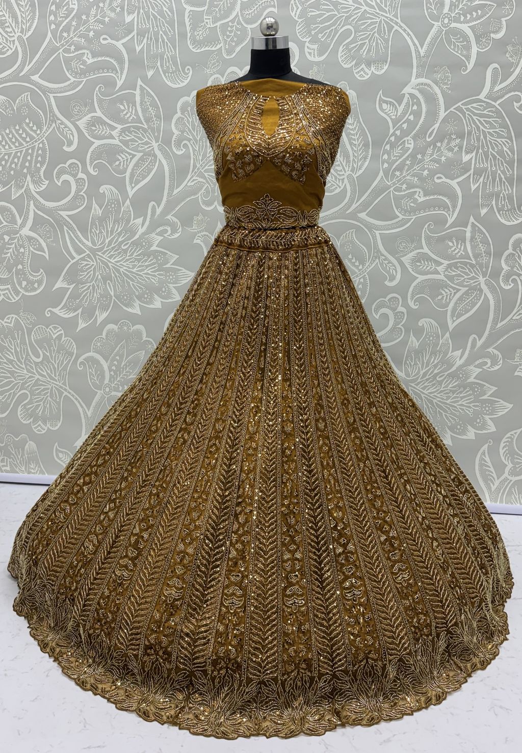 Golden Pure Soft Net Heavy Embroidery Work Bridal Lehenga
