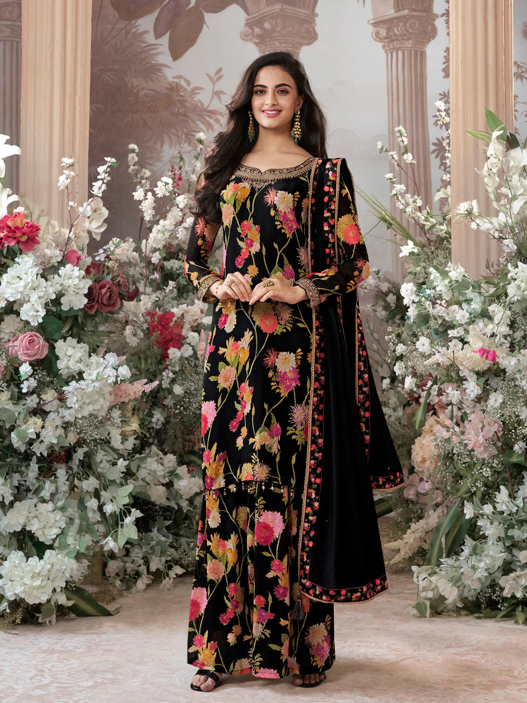 Black Chinon Floral Printed Sharara Suit with Dupatta for Women