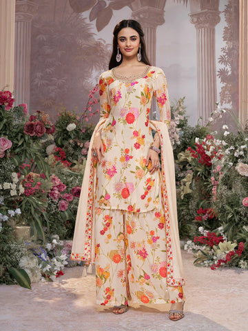 Cream floral printed chinon sharara suit with embroidered neckline
