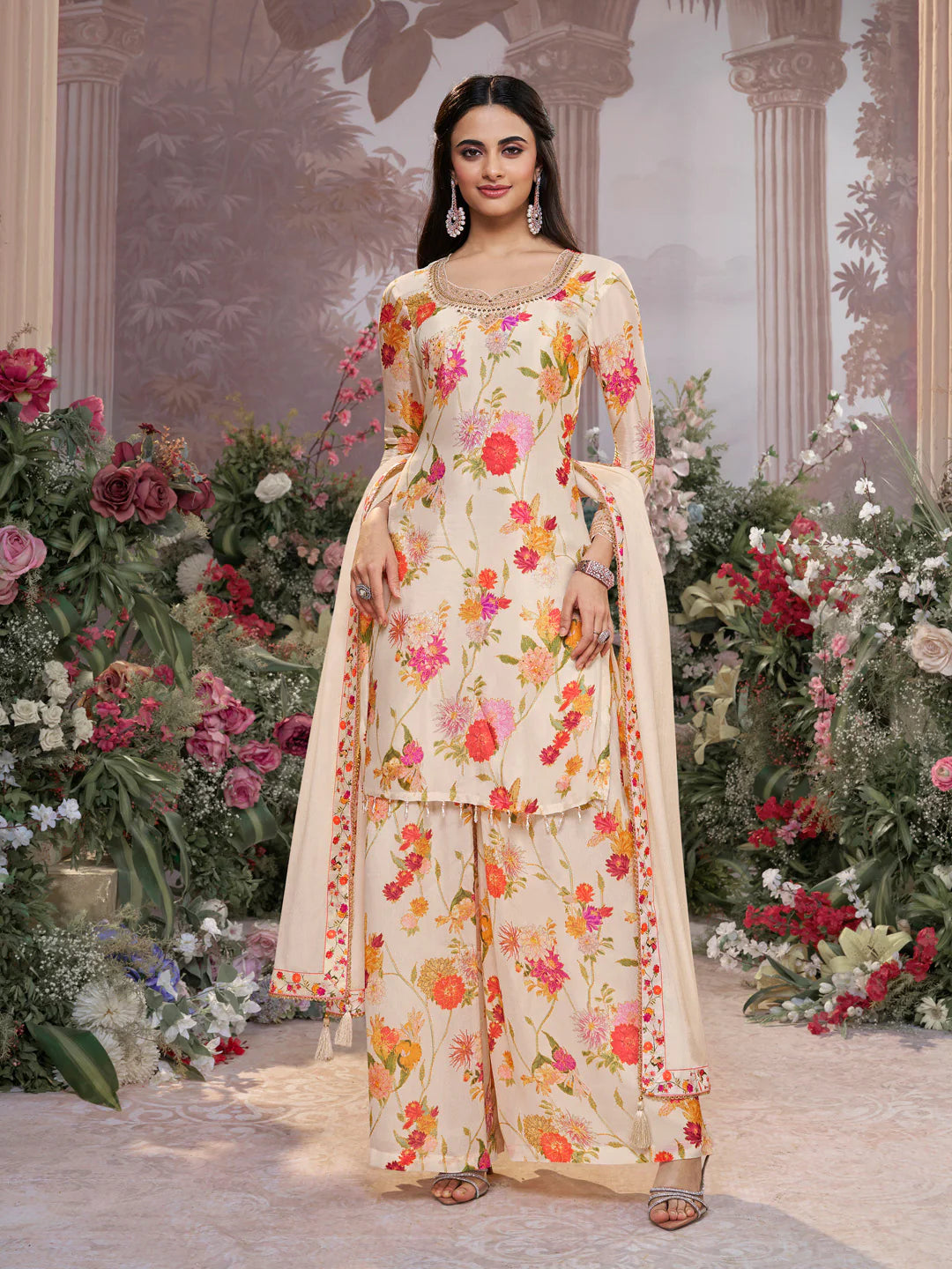 Cream floral printed chinon sharara suit with embroidered neckline