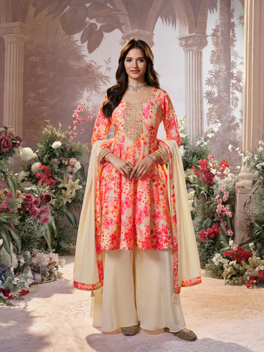 Cream and coral floral printed sharara suit with chinon dupatta