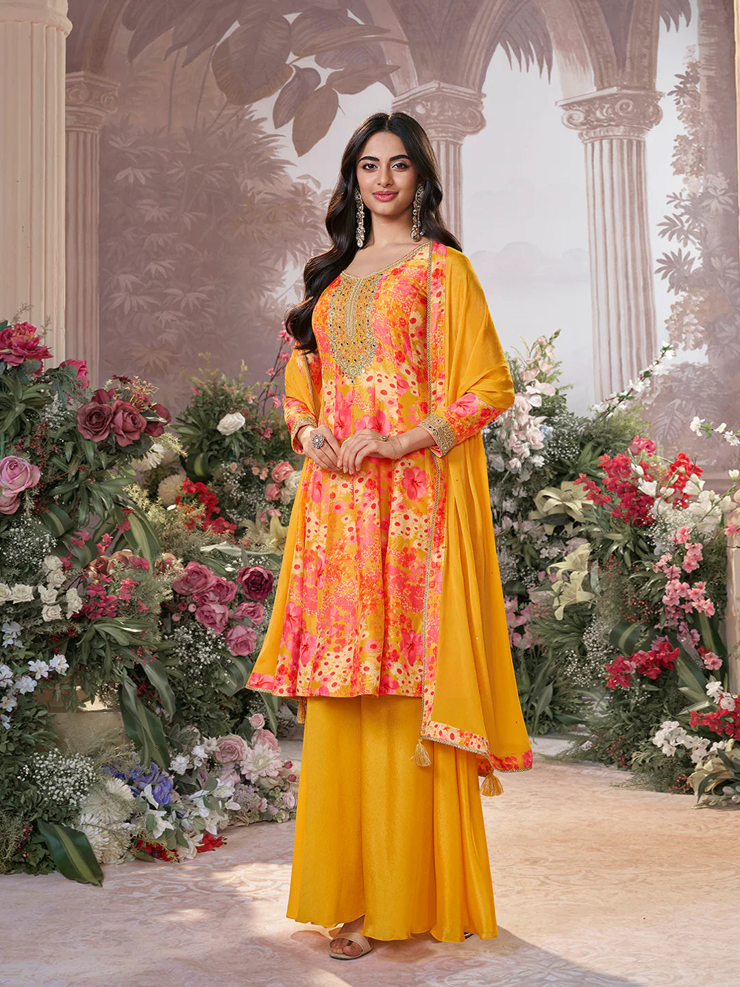 Mustard digital print pure Russian silk sharara suit with chinon dupatta