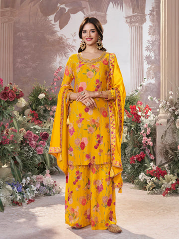 Mustard yellow floral printed chinon sharara suit with embroidered neckline
