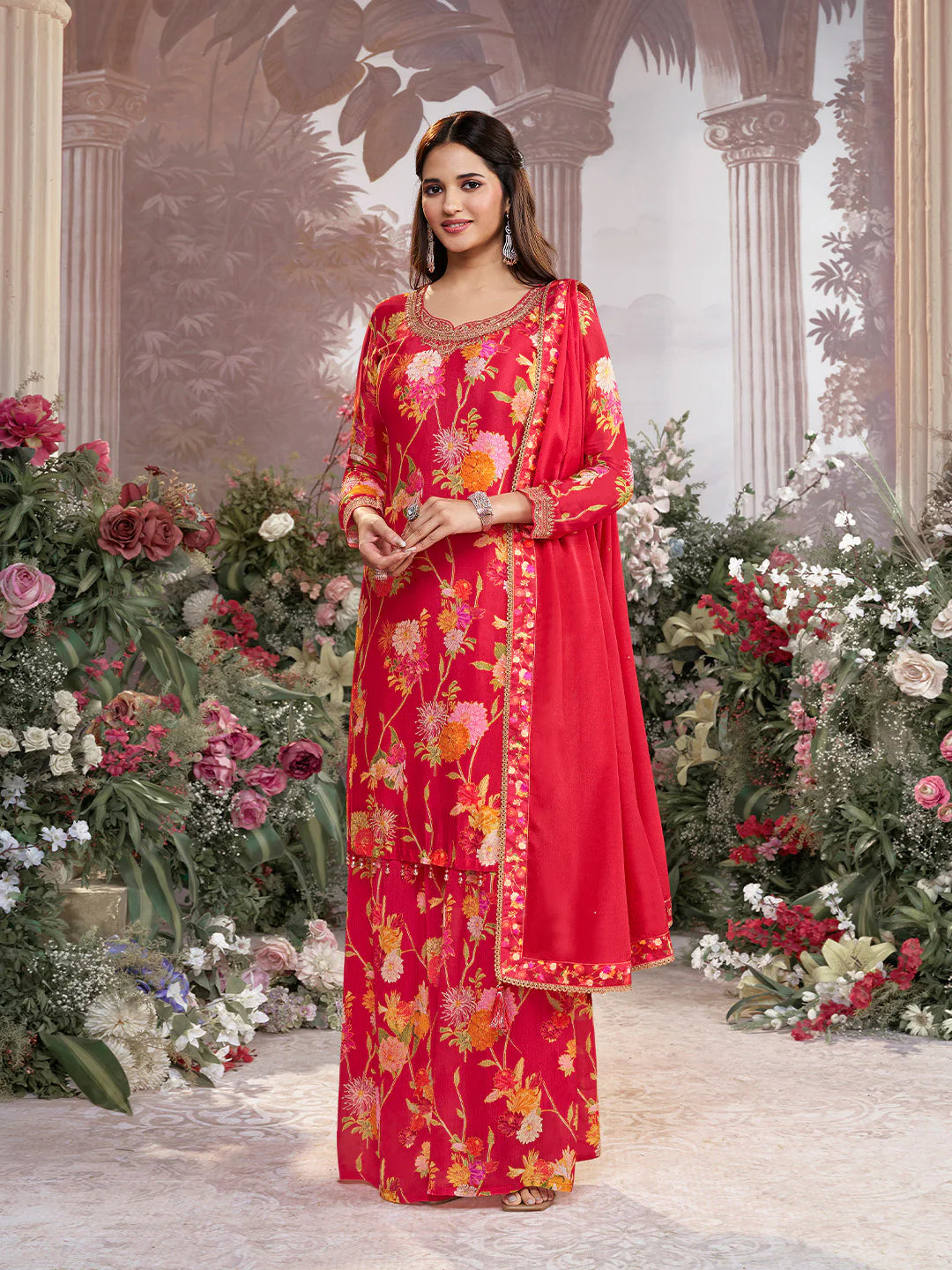 Red floral printed chinon sharara suit with embroidered neckline