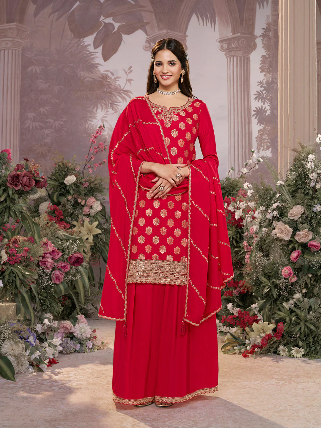 Red dola silk sharara suit with sequins embroidery for weddings