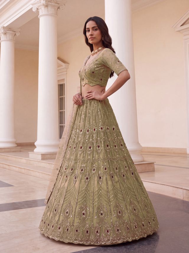 Chicku Pure Fendi Tussaud Silk Crystal Beads work Multi Thread Dori and Sequins Work Sequins Work Bridal Lehenga Choli