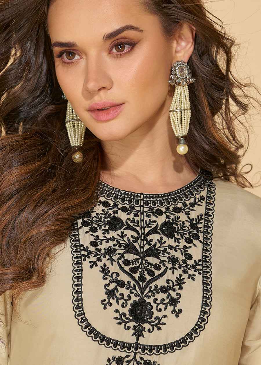 Ivory White Chinon Silk Embroidered Palazzo Suit
