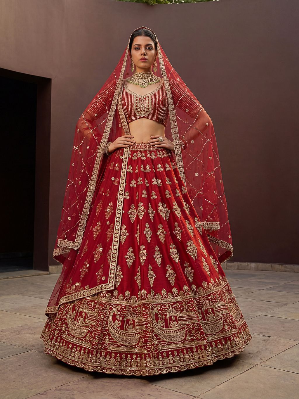 Red Pure Soft Heavy Silk Sequins Embroidery Work Bridal Lehenga