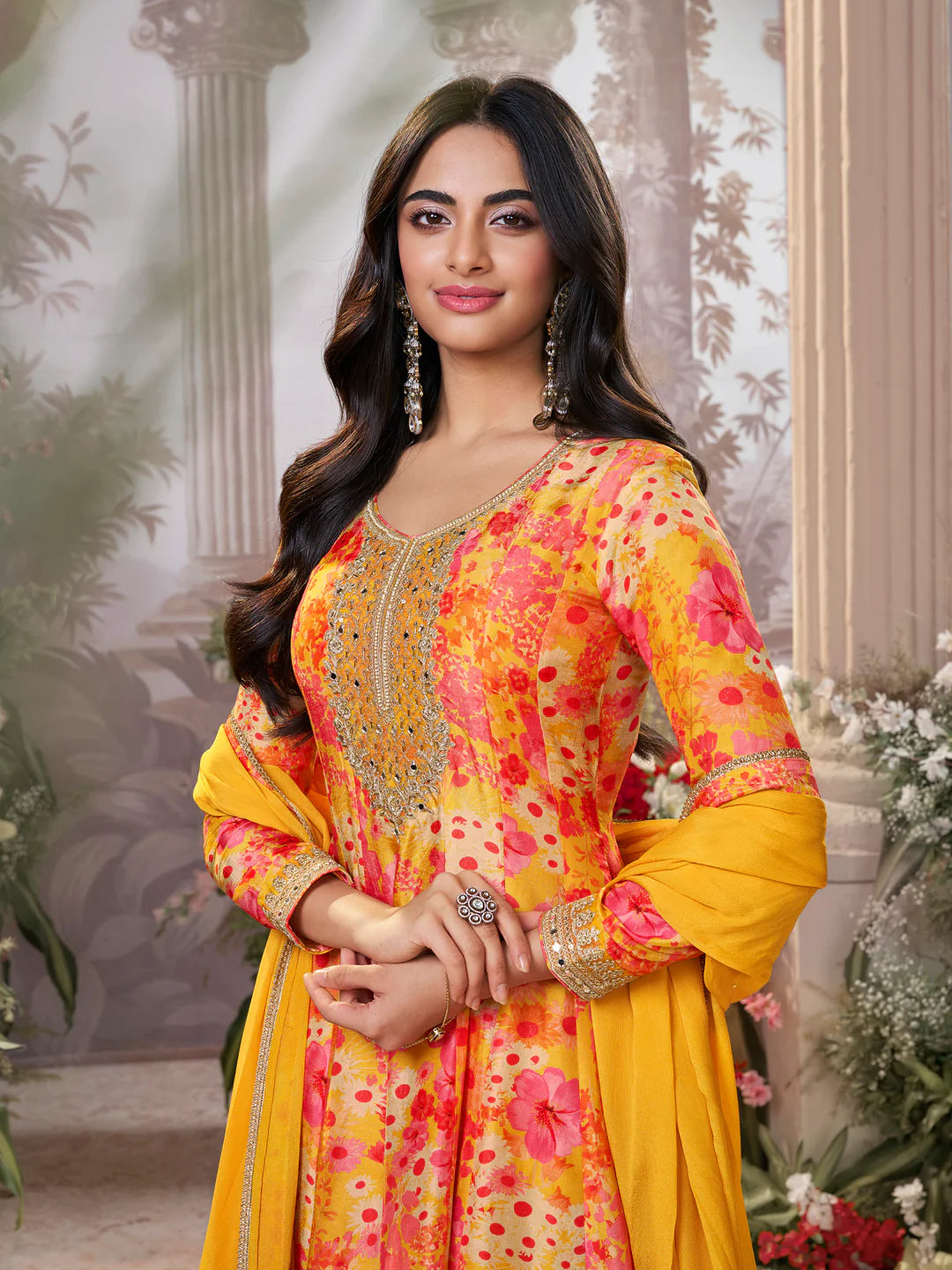 Designer mustard sharara suit with mirror embroidery and printed dupatta