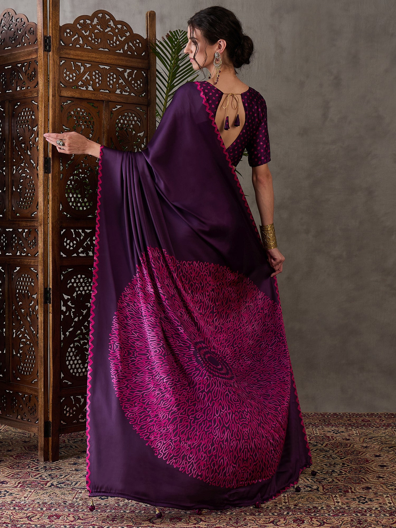 Purple Pure Semi Modal Japan Silk Ajarkh Printed Saree