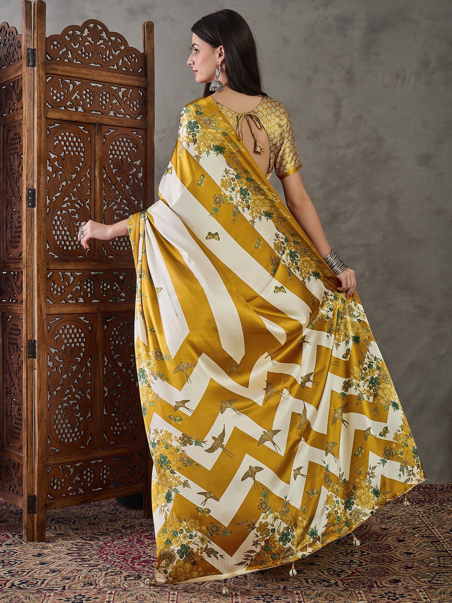 Yellow Pure Semi Modal Japan Silk Ajarkh Printed Saree
