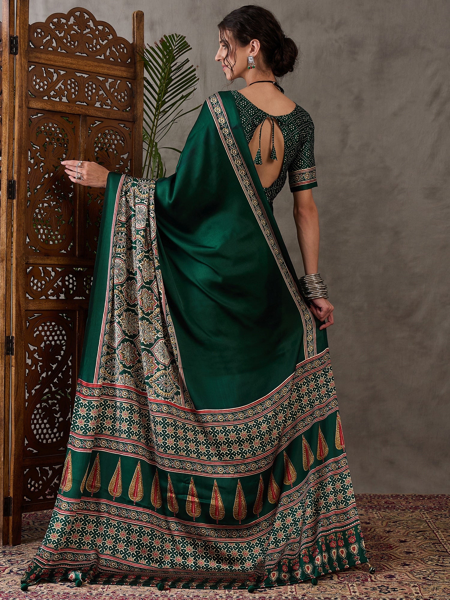 Green Pure Semi Modal Silk Floral Printed Saree