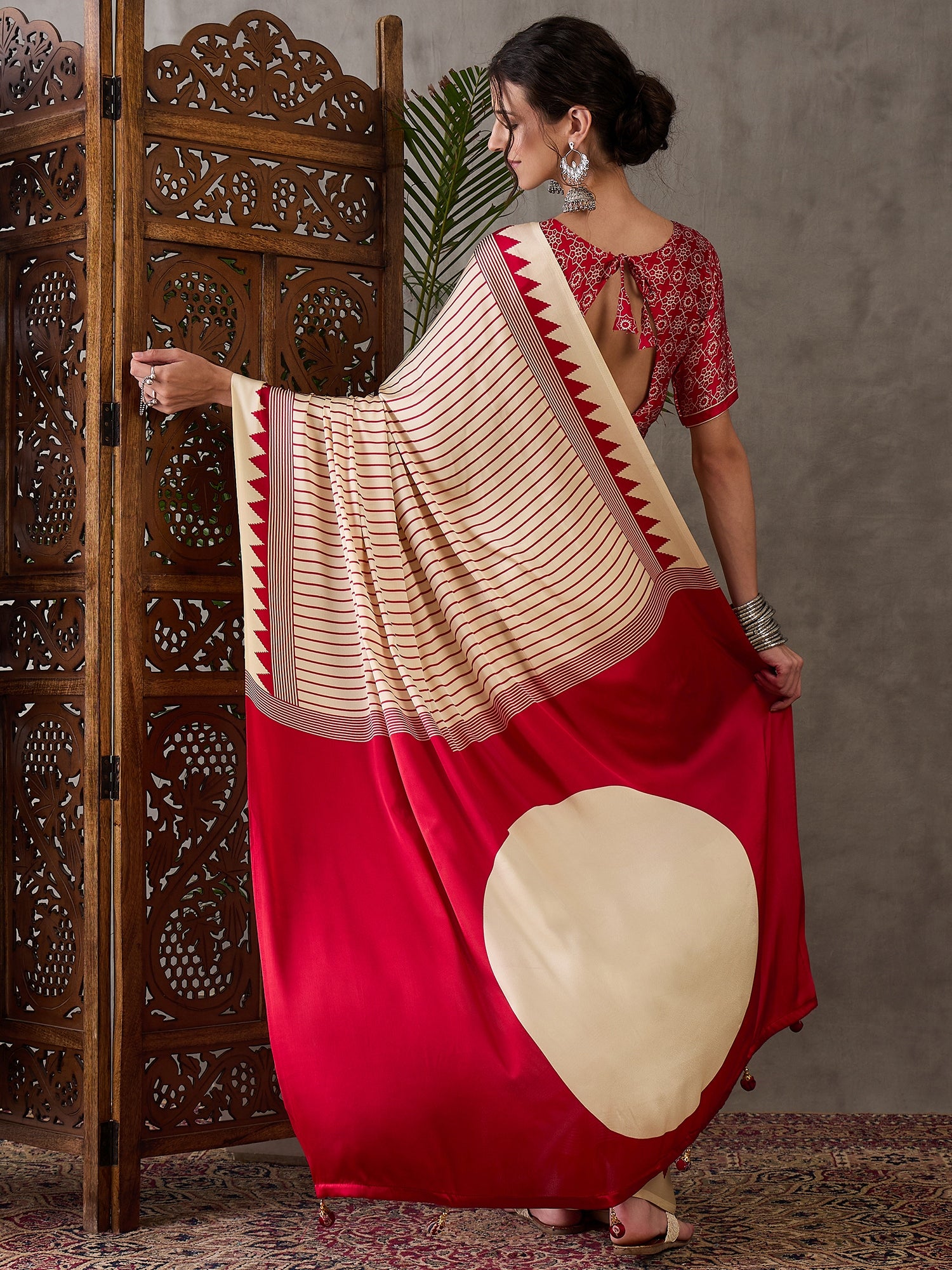 Cream Pure Semi Modal Silk Ajarkh Printed Saree