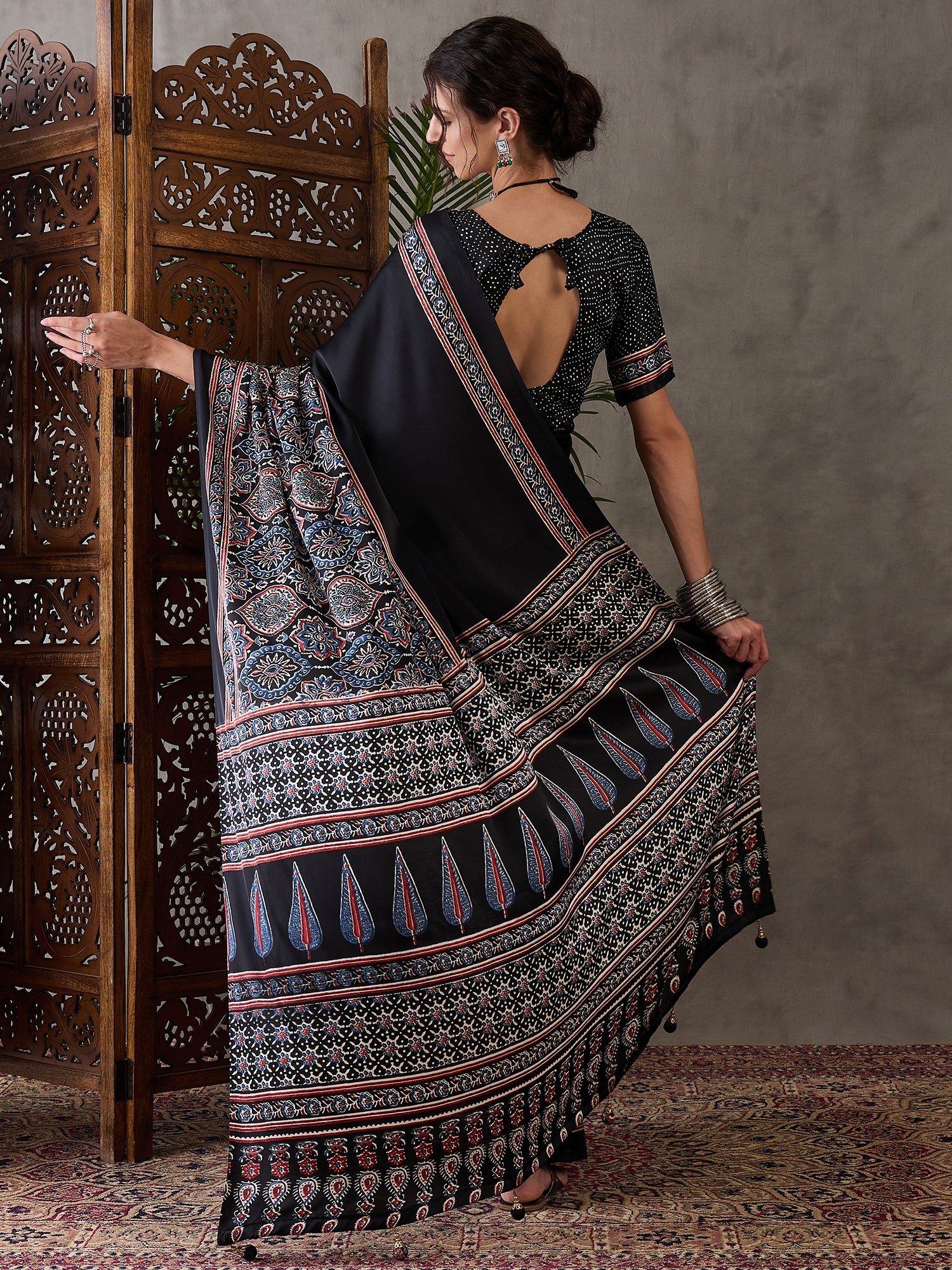 Black Pure Semi Modal Silk Floral Printed Saree