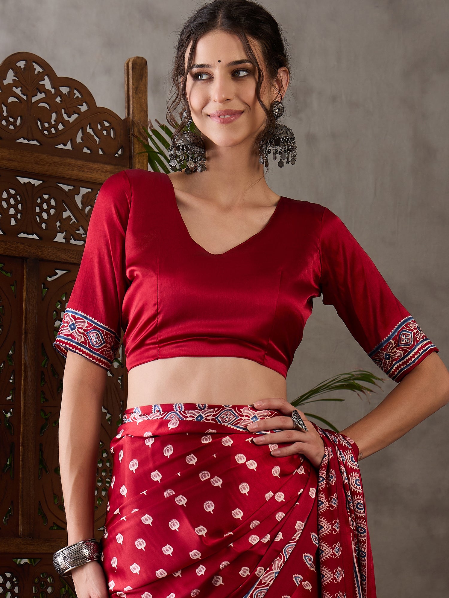 Red Pure Semi Modal Silk Floral Printed Saree