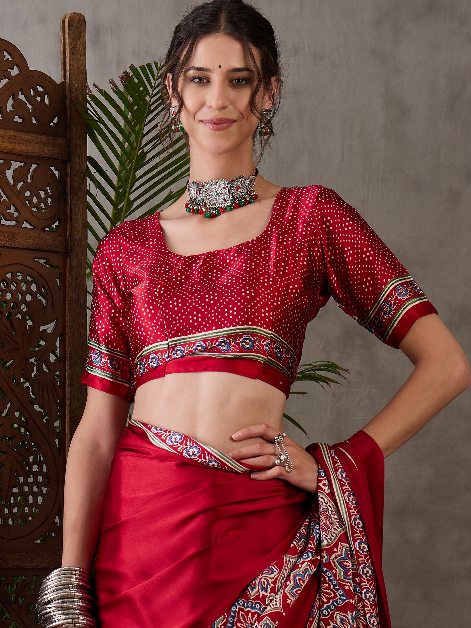 Red Pure Semi Modal Silk Floral Printed Saree