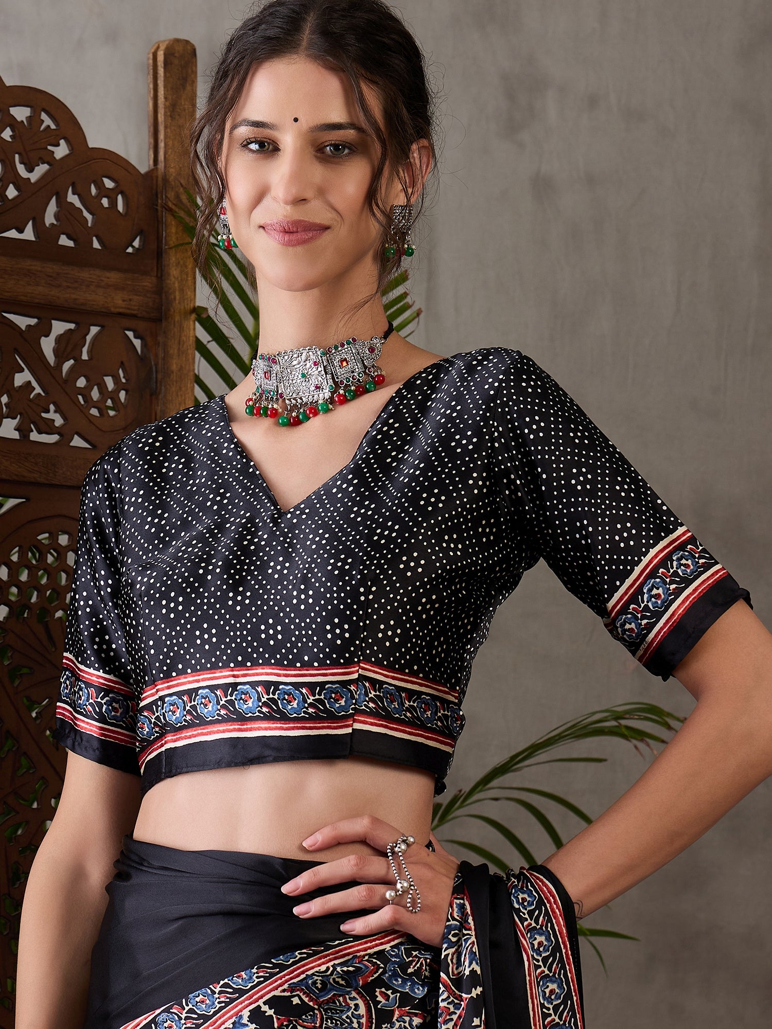 Black Pure Semi Modal Silk Floral Printed Saree