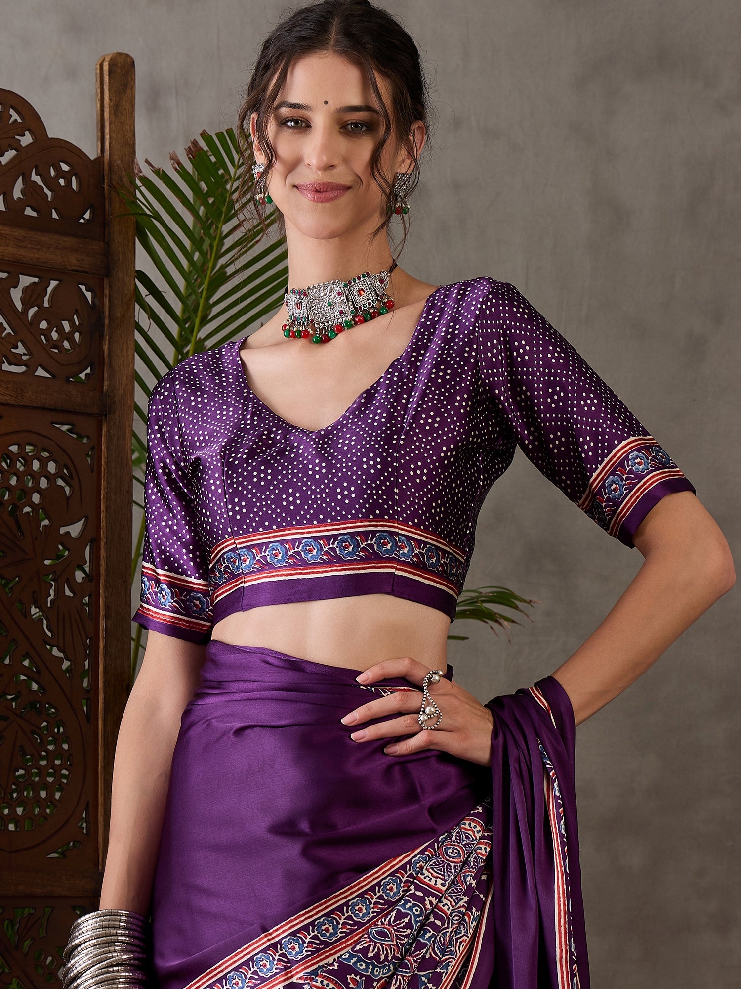 Purple Pure Semi Modal Silk Floral Printed Saree