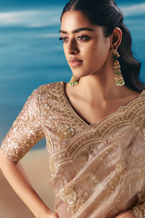 Beige Fancy Organza Silk Zari Embroidered Sequins With Bridal Saree