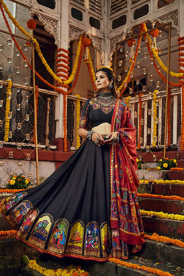 Navratri Garba Special Black Silk Digital Printed Work Chaniya Choli For Women's
