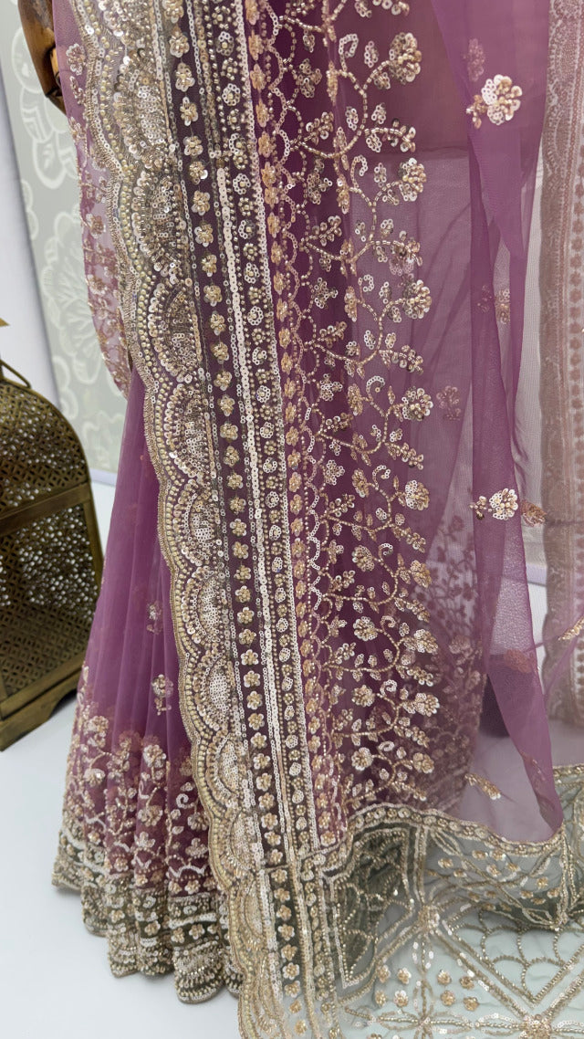 Purple Pure Premium Net Handwork Kasti & Motif Zari Metallic Sequins Work Wedding Saree