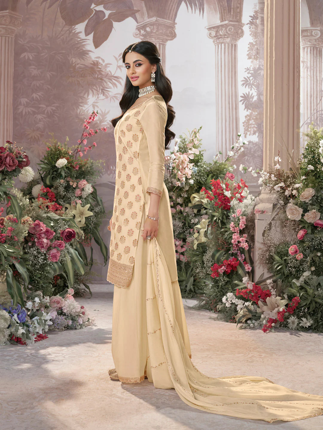 Elegant beige sharara set for women with embroidered kurta