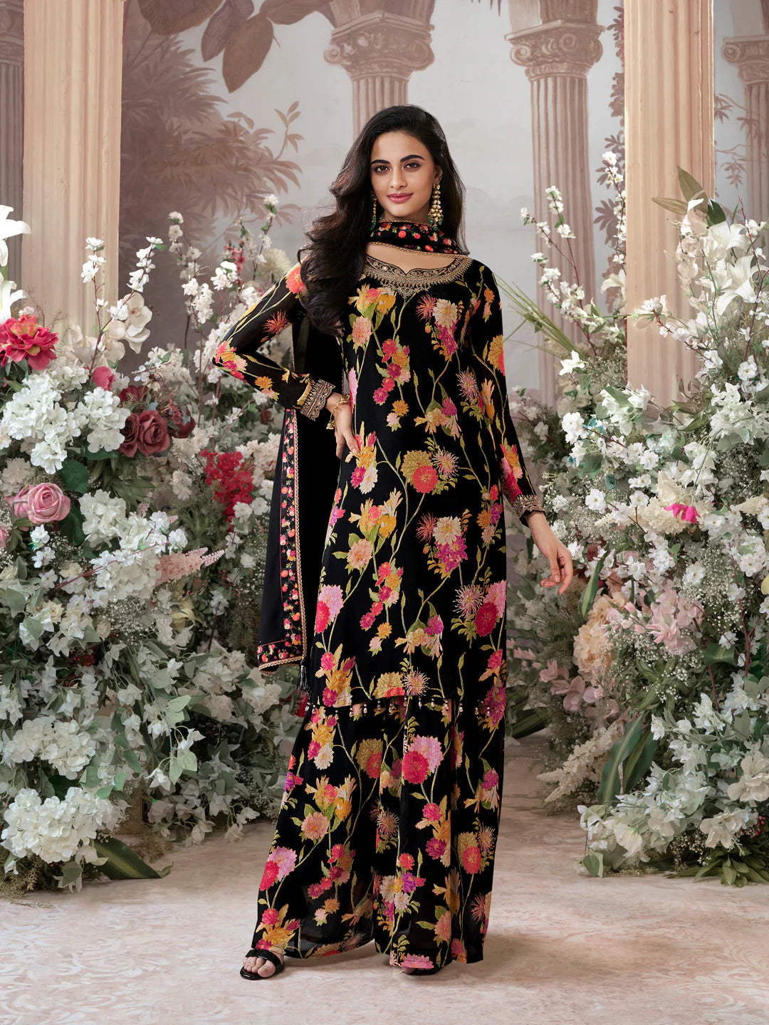 Floral Print Black Chinon Kurta with Matching Sharara and Dupatta