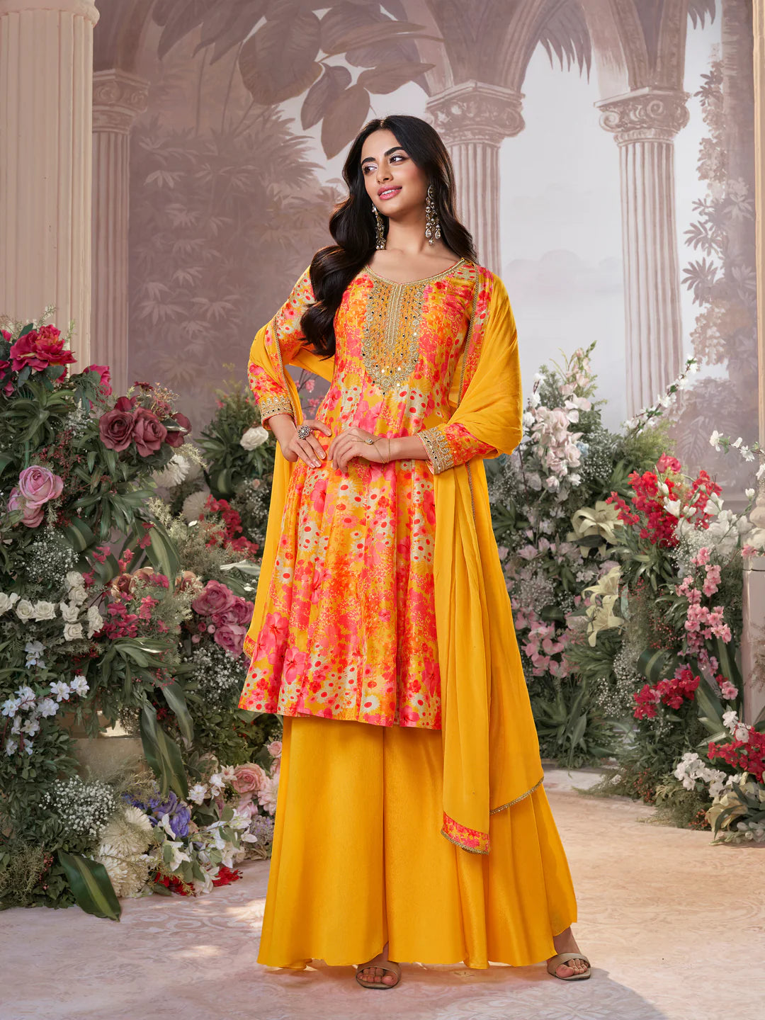 Wedding wear mustard sharara set in pure Russian silk