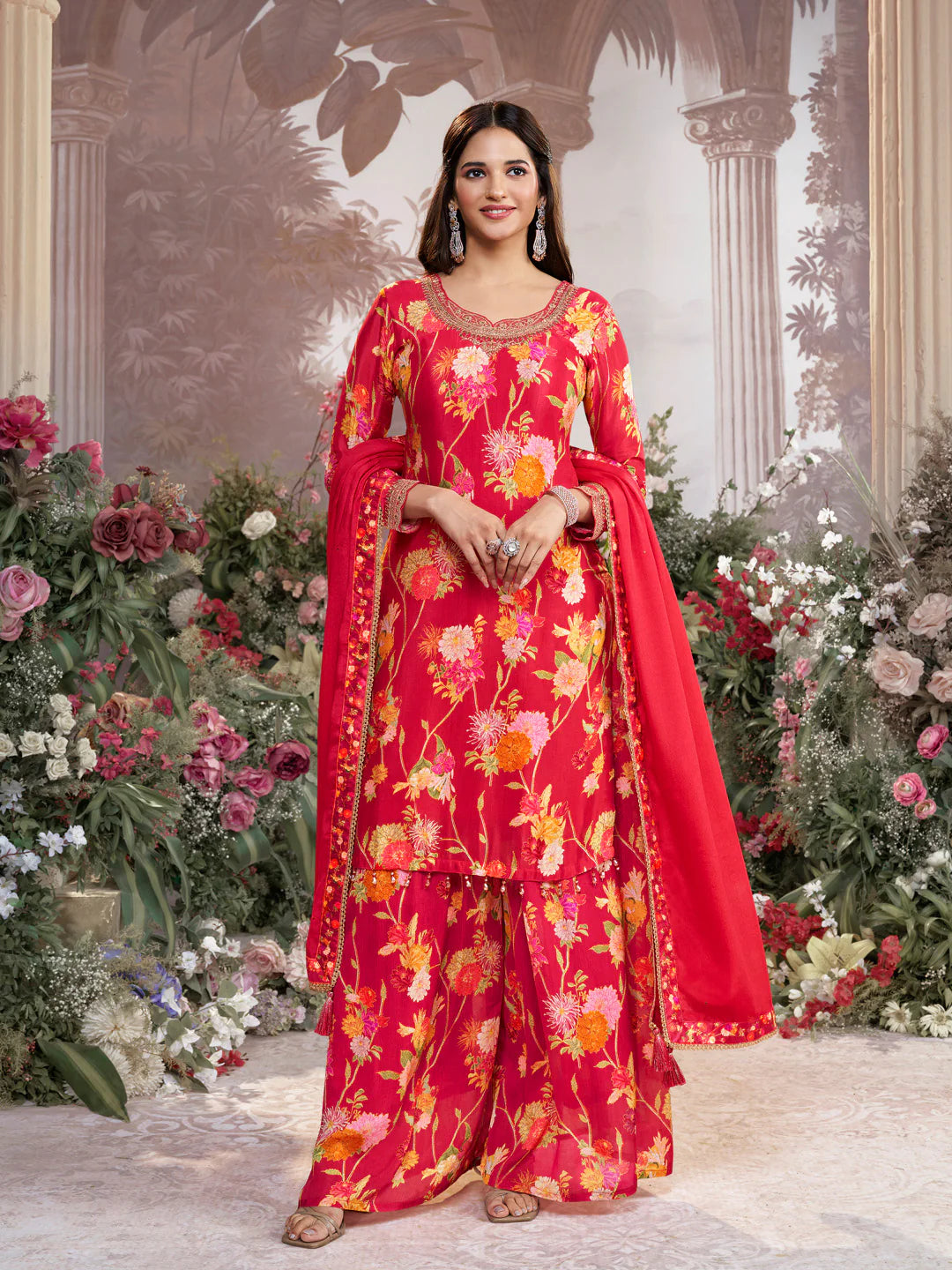 Designer red chinon sharara set with full embroidered sleeves