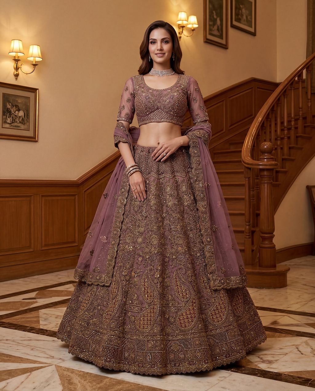 Light Purple Pure Soft Heavy Net Sequins Embroidery Work Bridal Lehenga
