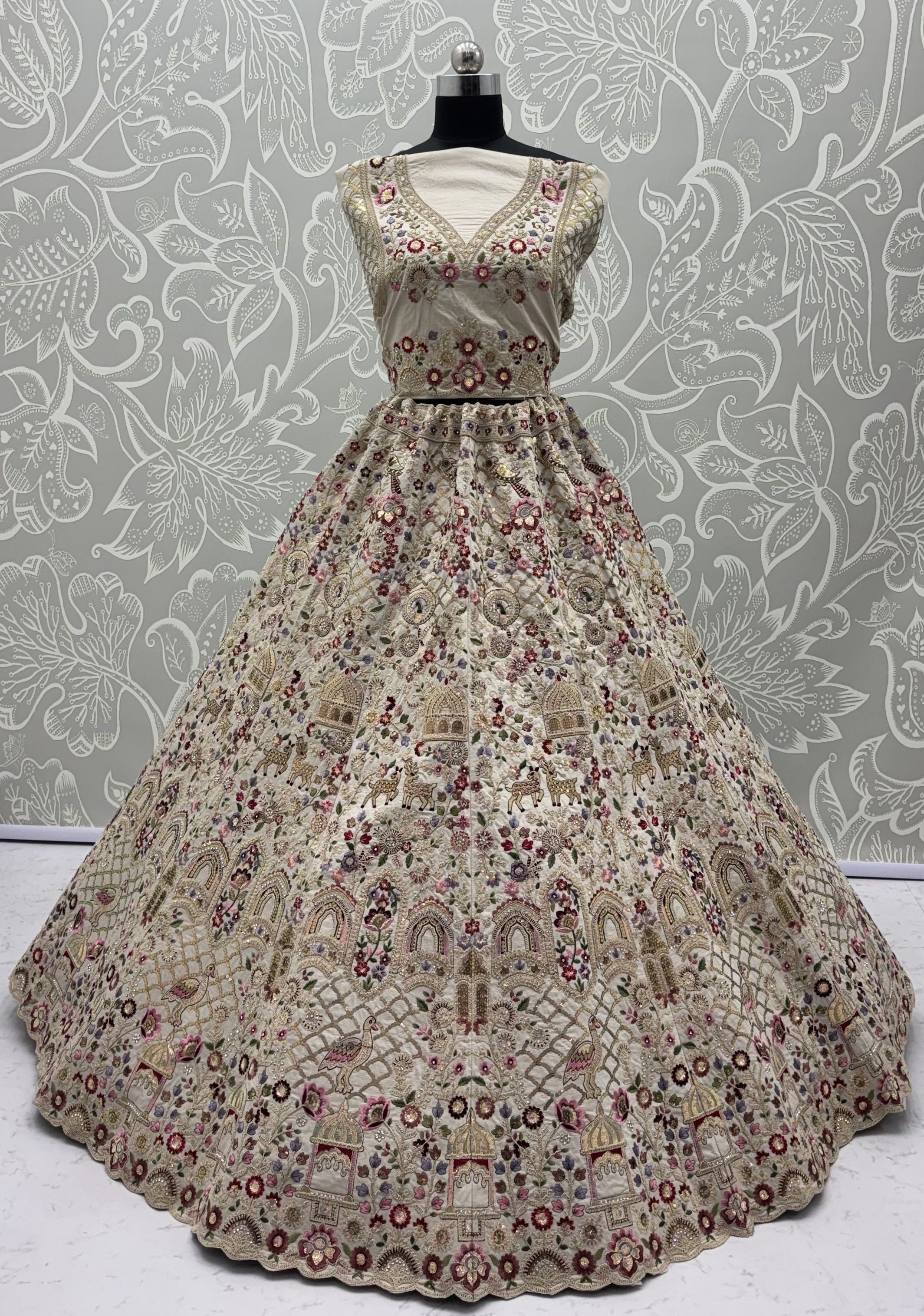 Off White Pure Soft Gadhwal Silk Heavy Embroidery Work Bridal Lehenga Choli