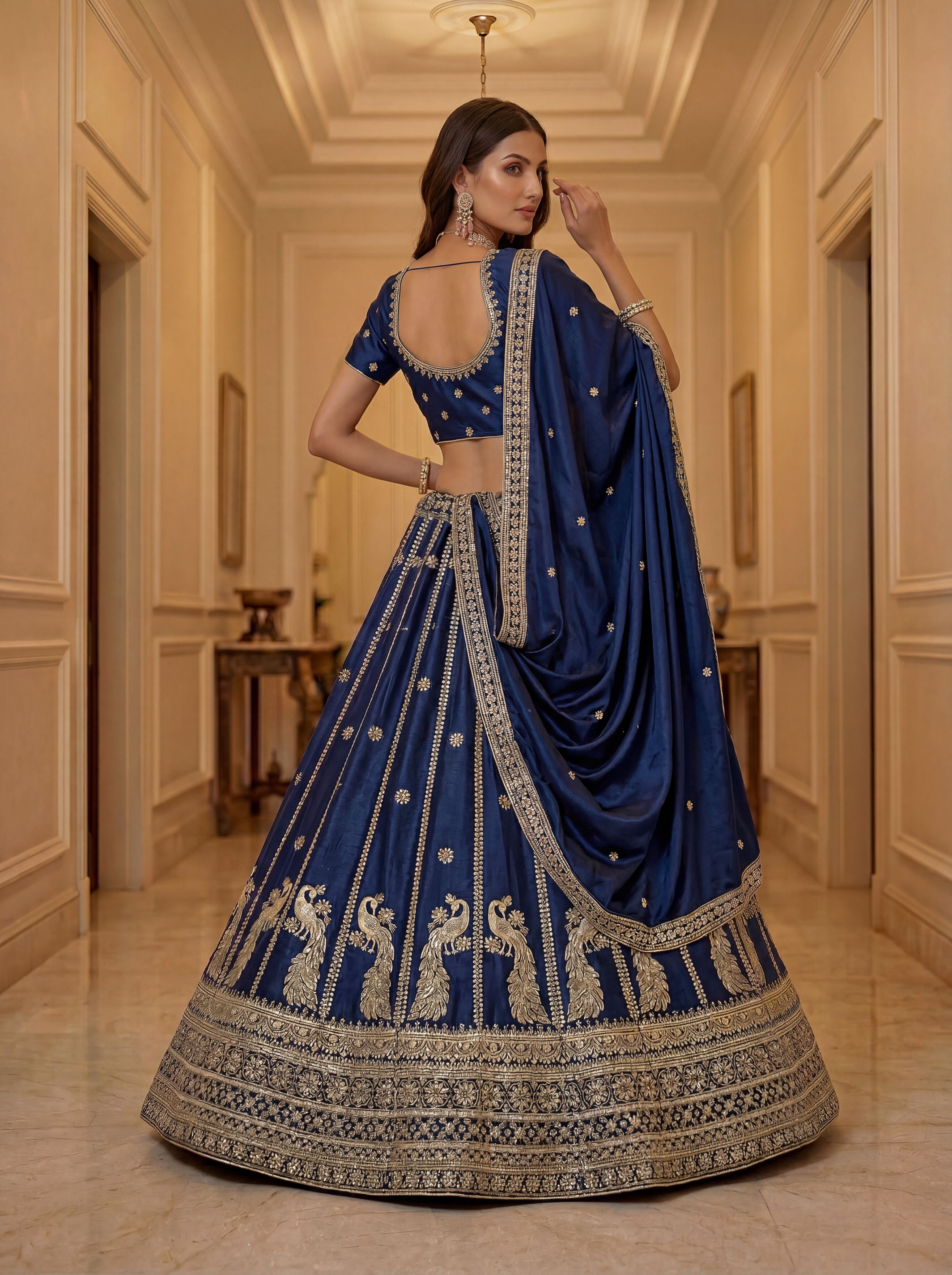 Blue Pure Soft Silk Heavy Sequins Zari Embroidery Thread Work Lehenga Choli